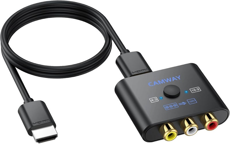 CAMWAY محول RCA إلى HDMI - تحويل 16:9/4:3 محول AV إلى HDMI بدقة 1080P لجهاز Wii/PS1/PS2/N64/X-box/DVD/VCR، محول فيديو وصوت CVBS مع كابل HDMI يدعم PAL و NTSC - Image 1